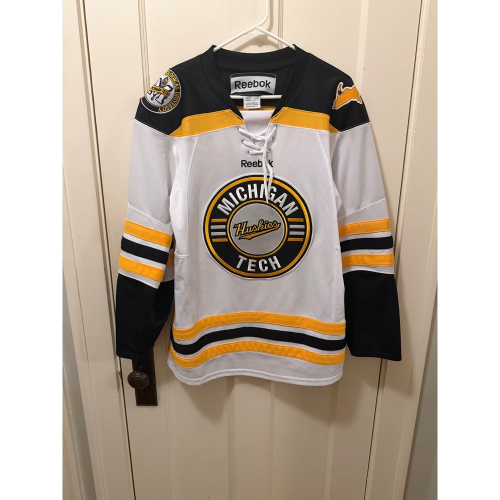 Reebok Michigan Tech Huskies Hockey Jersey Mens Small White Black Gold Lace Up